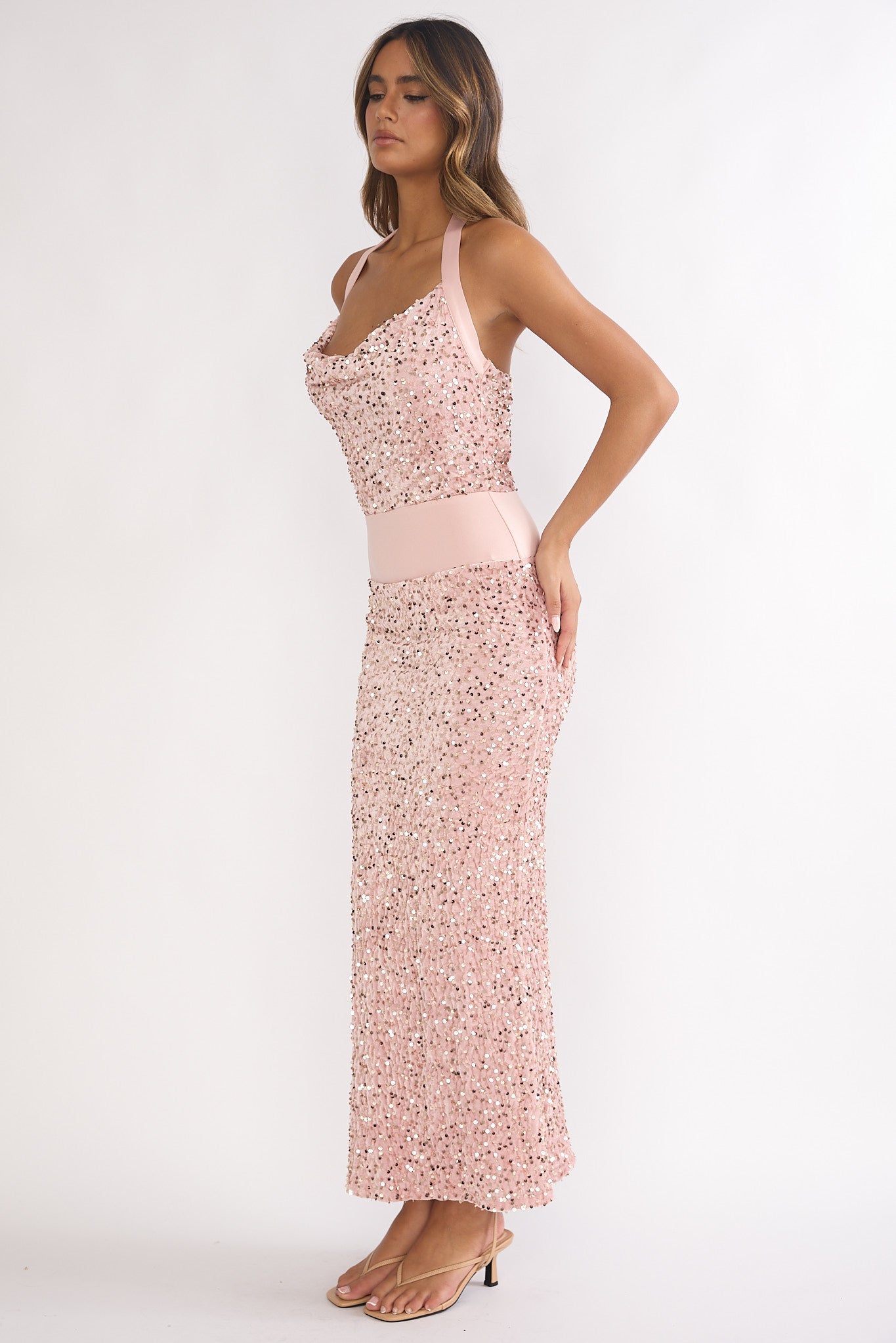 Cabernet Halter Maxi Dress Wine Sequin Pink