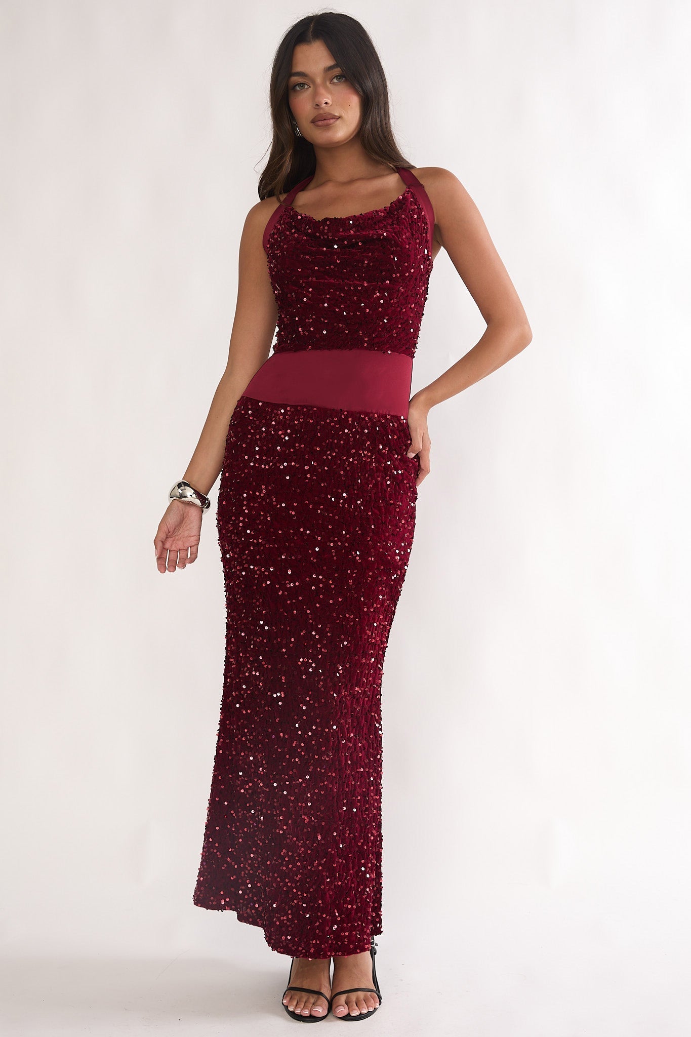 Cabernet Halter Maxi Dress Wine Sequin Wine