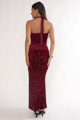 Cabernet Halter Maxi Dress Wine Sequin Wine