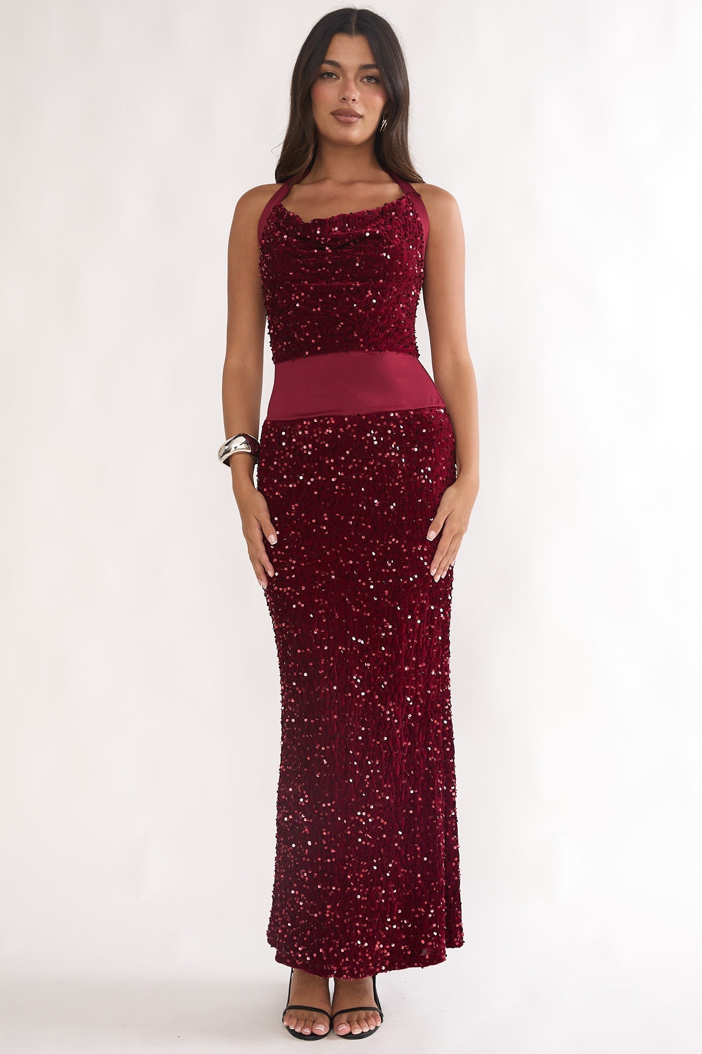 Cabernet Halter Maxi Dress Wine Sequin Wine