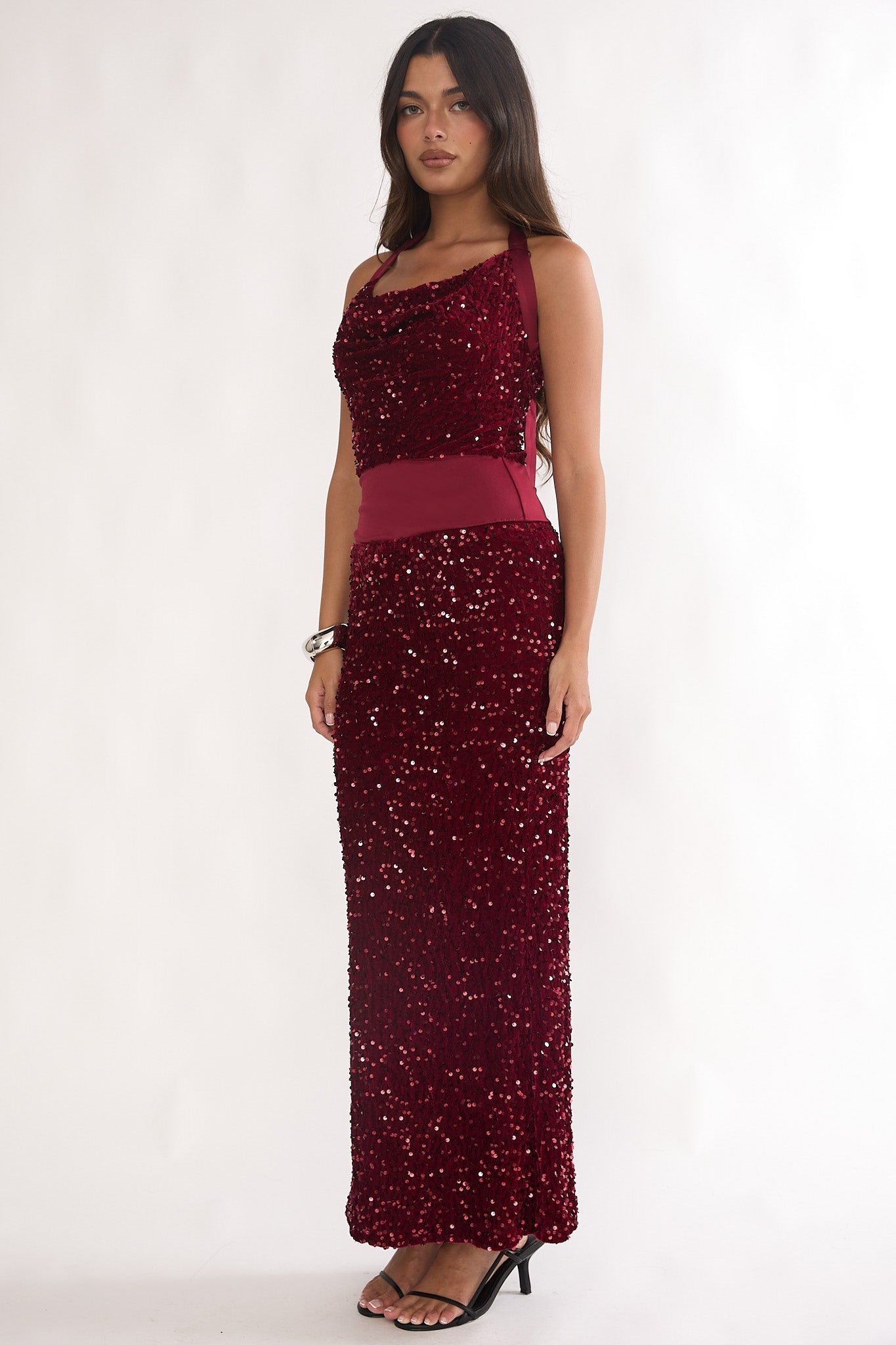 Cabernet Halter Maxi Dress Wine Sequin Wine