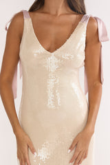 Bellamira Bow Shoulder Maxi Dress Sequin Champagne