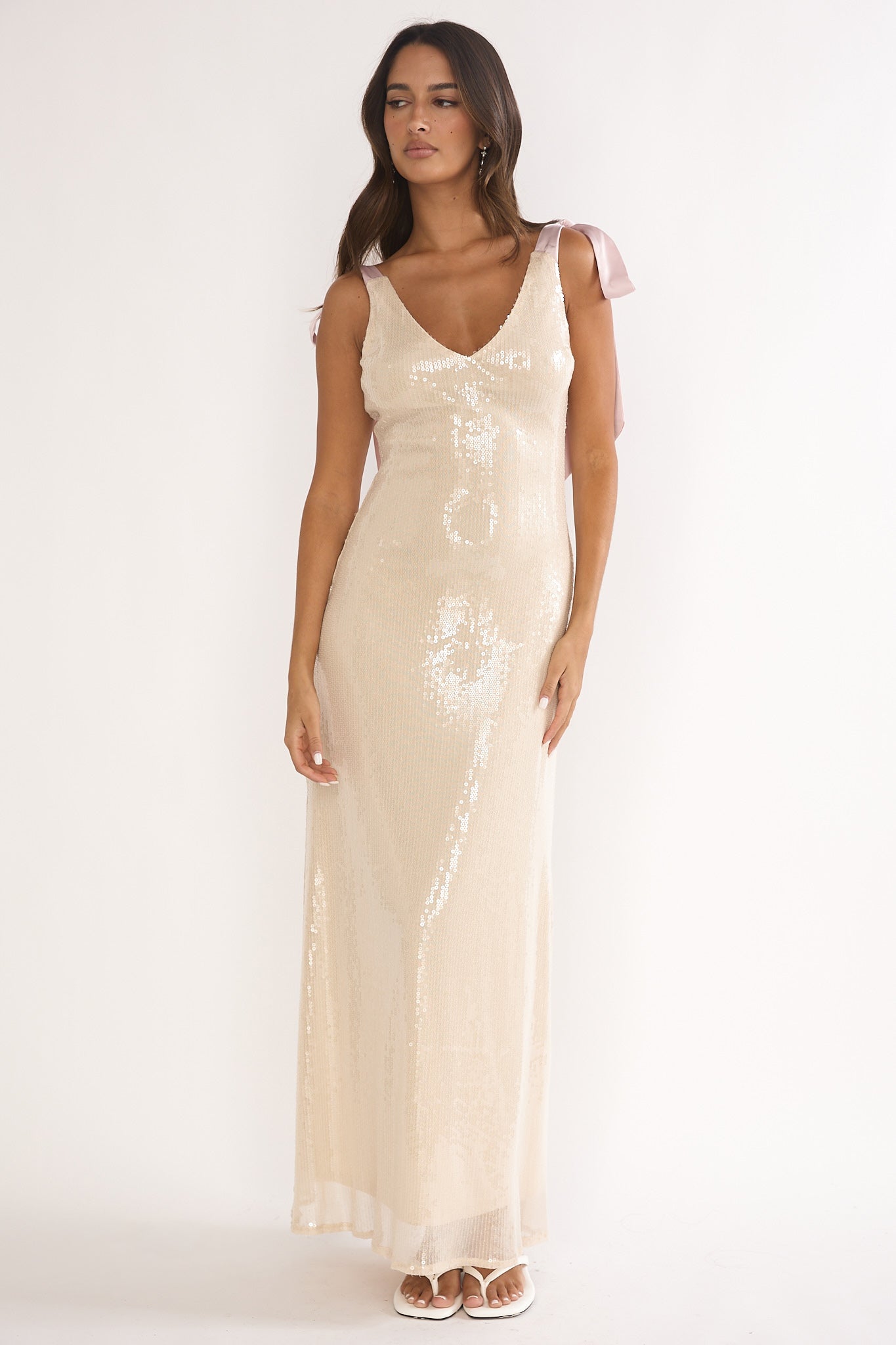 Bellamira Bow Shoulder Maxi Dress Sequin Champagne