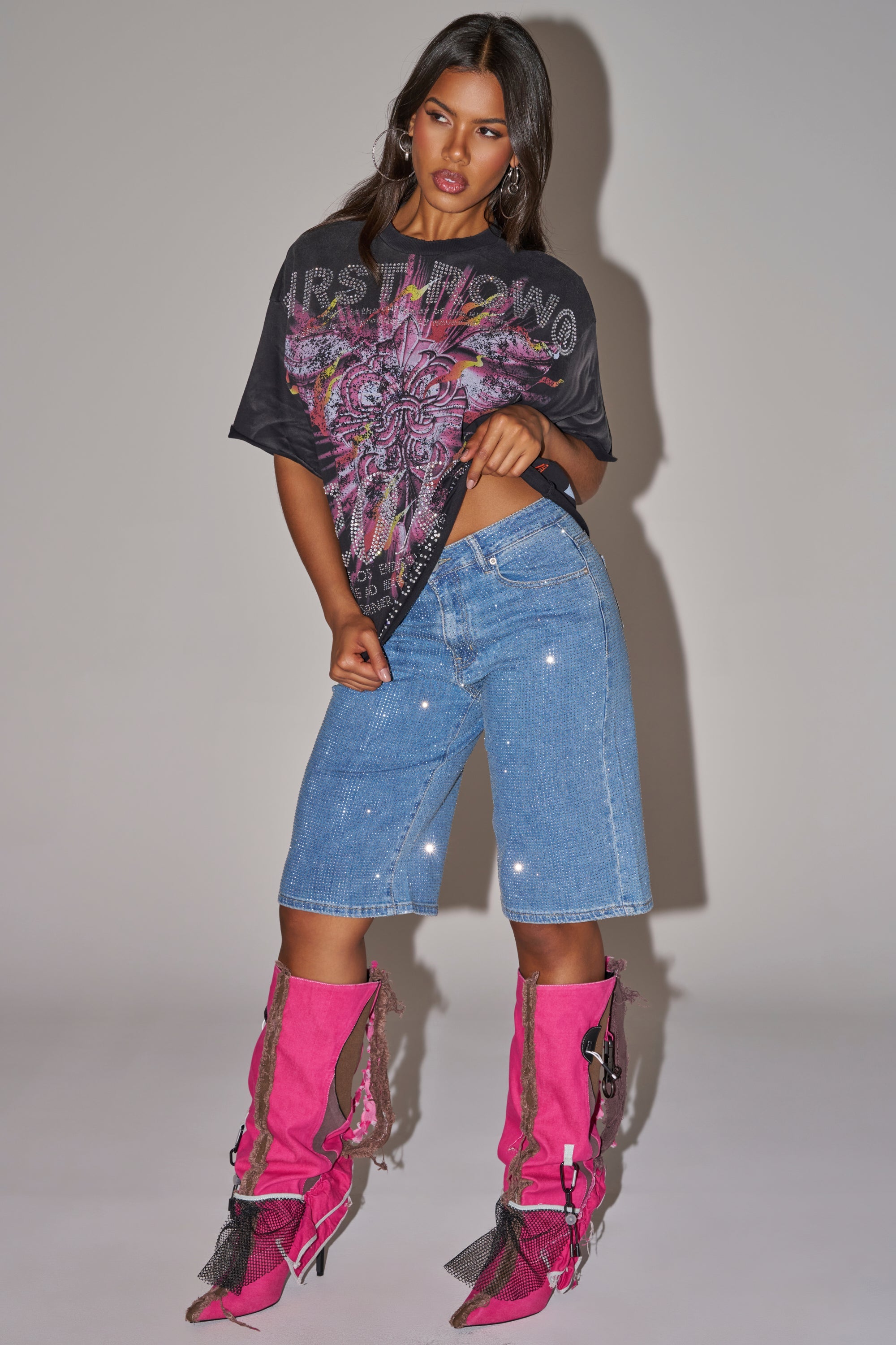 BLING BLING RHINESTONE DARK BLUE DENIM BERMUDA SHORT