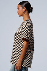 RHINESTONE SMILEY FACE OVERSIZED CHECKERED TSHIRT