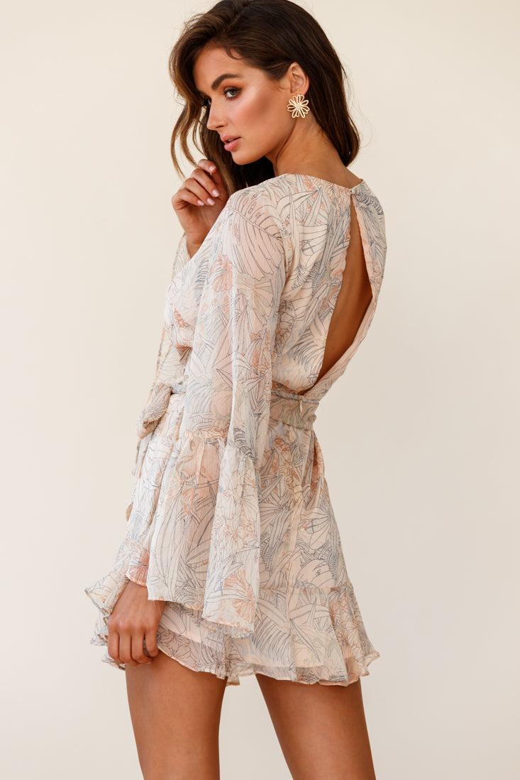 Dayton Bell Sleeve Waist Tie Dress Leaf Print Nude