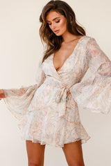 Dayton Bell Sleeve Waist Tie Dress Leaf Print Nude