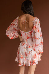 Catch Feelings Sweetheart Neckline Dot Trim Dress Rose Print Orange