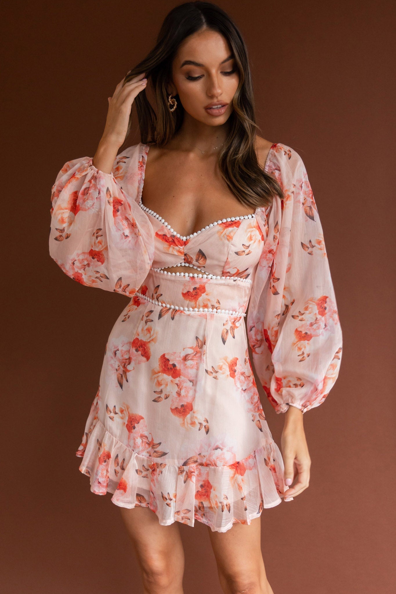 Catch Feelings Sweetheart Neckline Dot Trim Dress Rose Print Orange