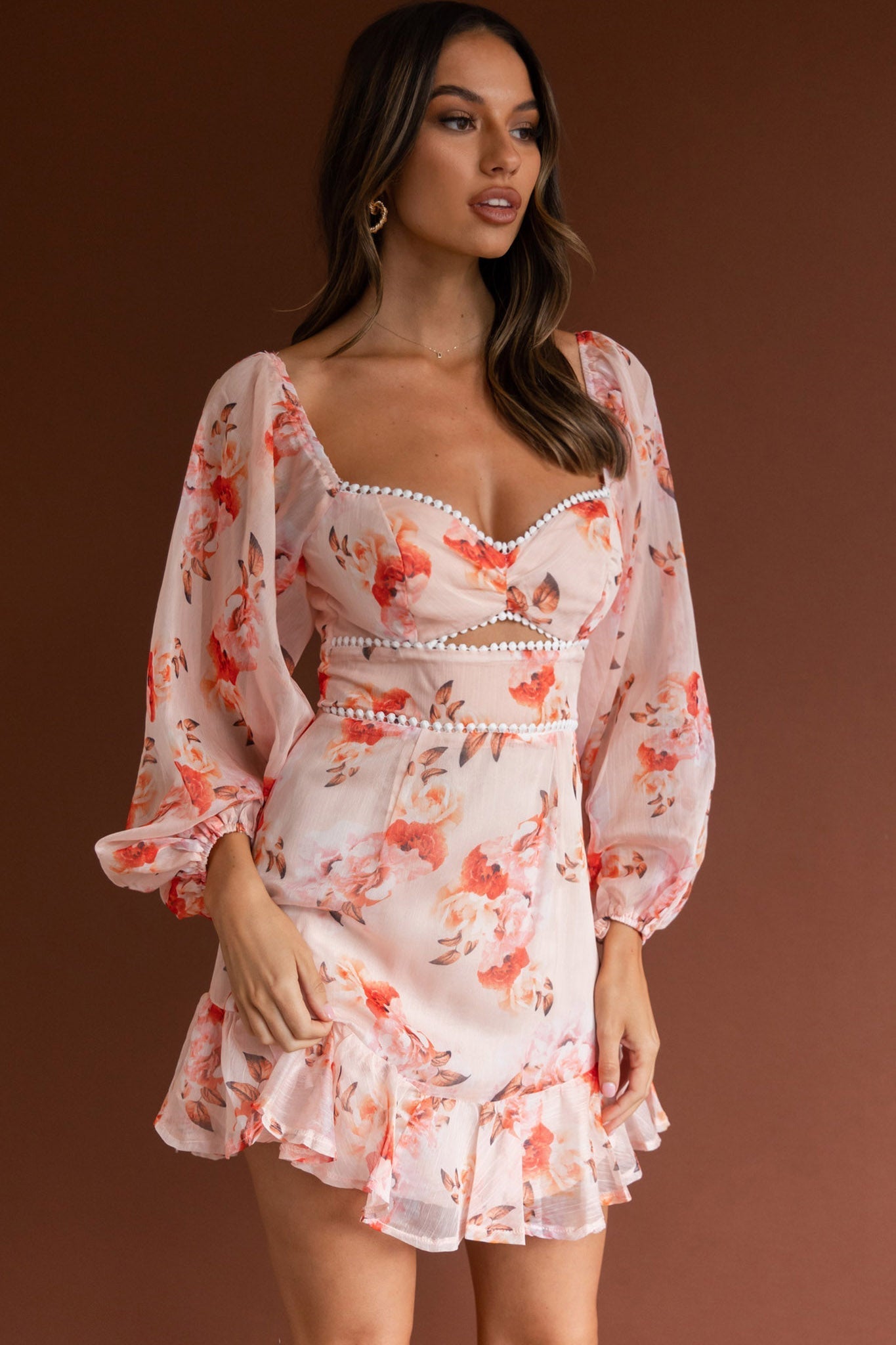 Catch Feelings Sweetheart Neckline Dot Trim Dress Rose Print Orange