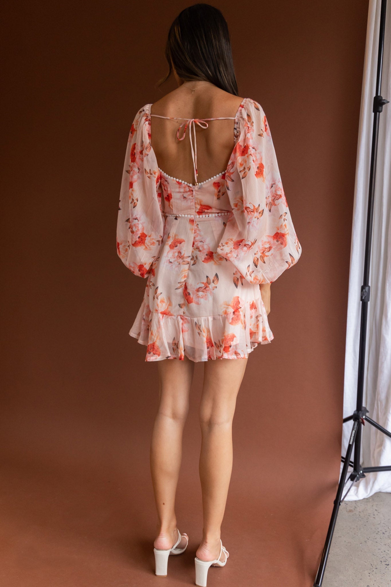 Catch Feelings Sweetheart Neckline Dot Trim Dress Rose Print Orange