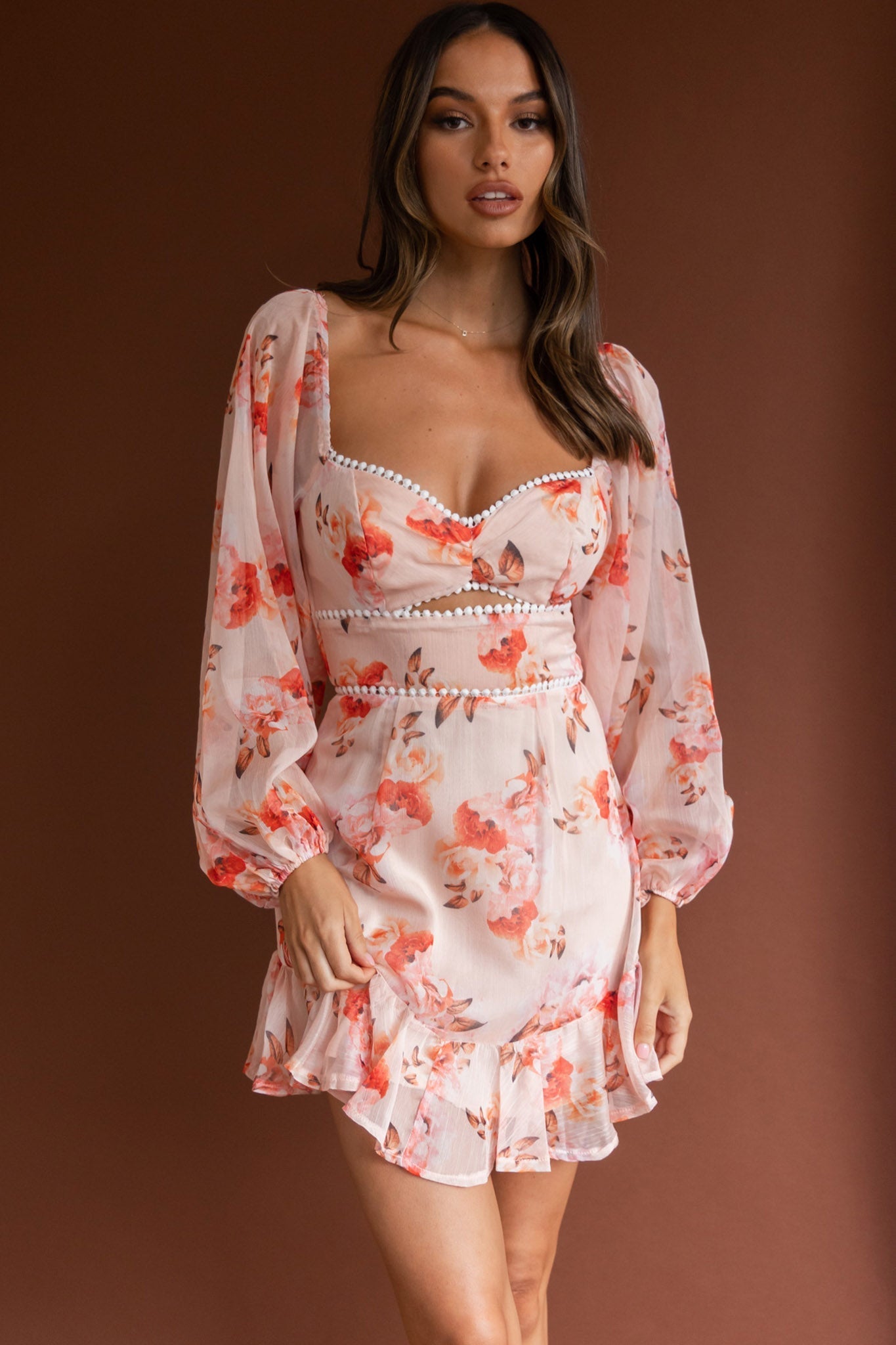 Catch Feelings Sweetheart Neckline Dot Trim Dress Rose Print Orange