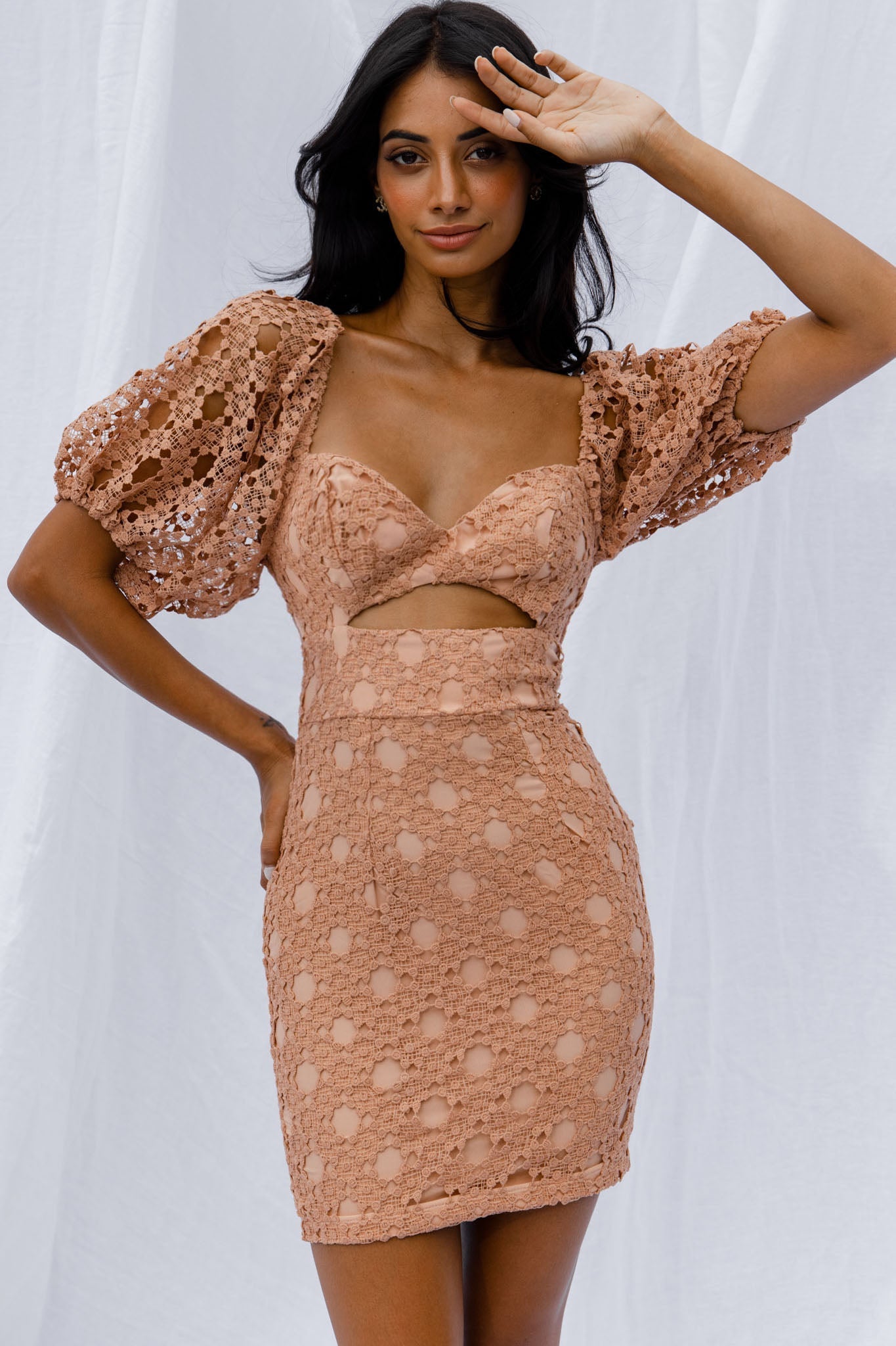 Catch Feelings Sweetheart Neckline Crochet Lace Overlay Dress Mocha