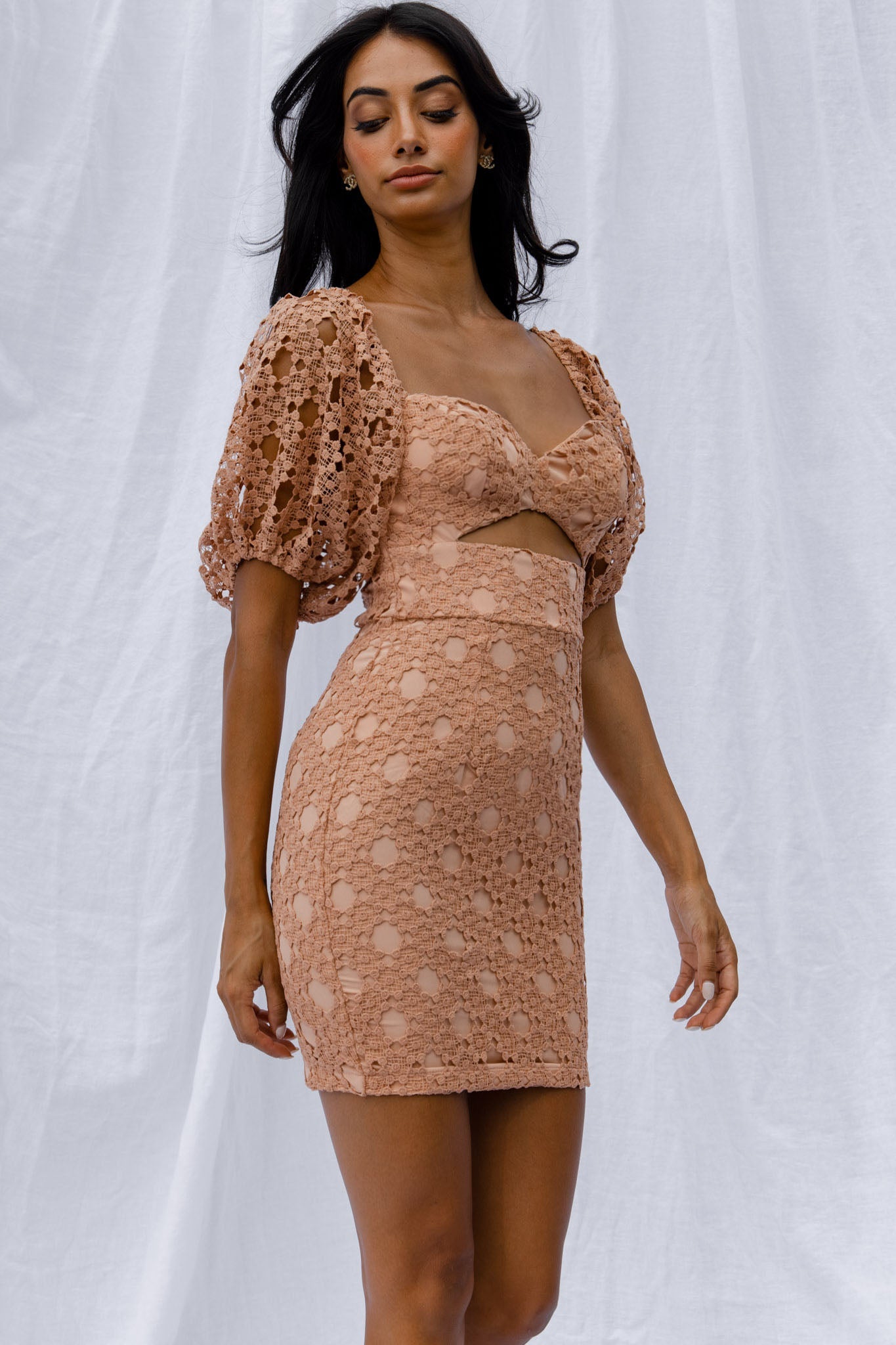 Catch Feelings Sweetheart Neckline Crochet Lace Overlay Dress Mocha