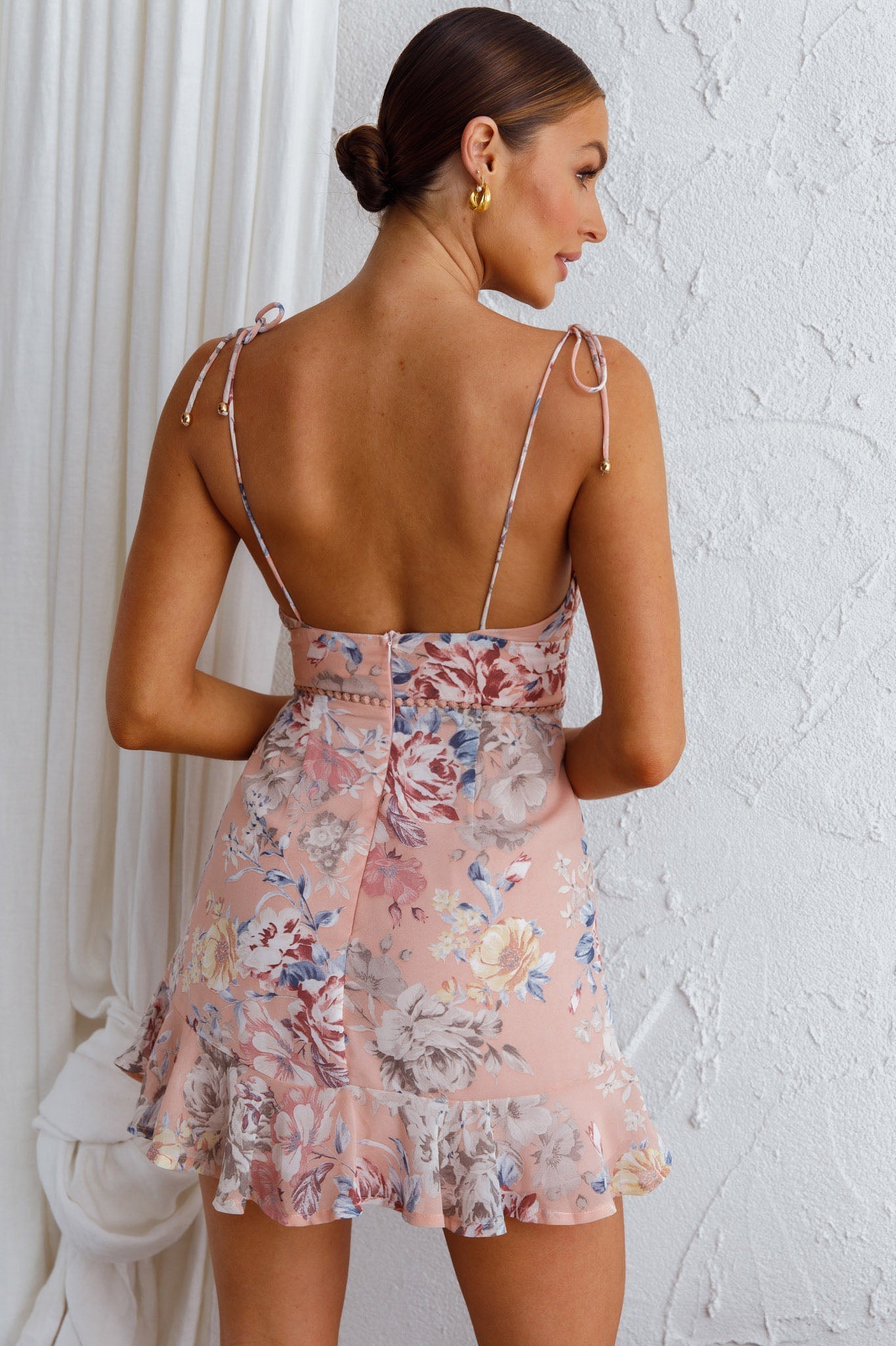 Catch Feelings Tied Shoulder Sweetheart Neckline Dress Floral Apricot