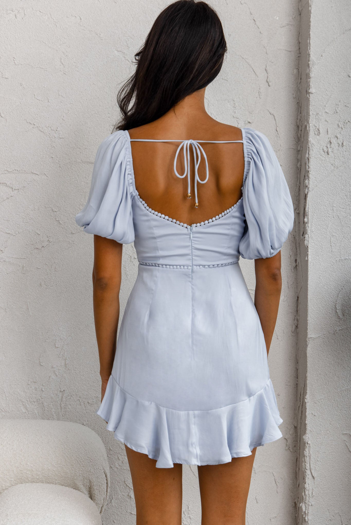 Catch Feelings Sweetheart Neckline Puff Sleeve Dot Trim Dress Steel Blue