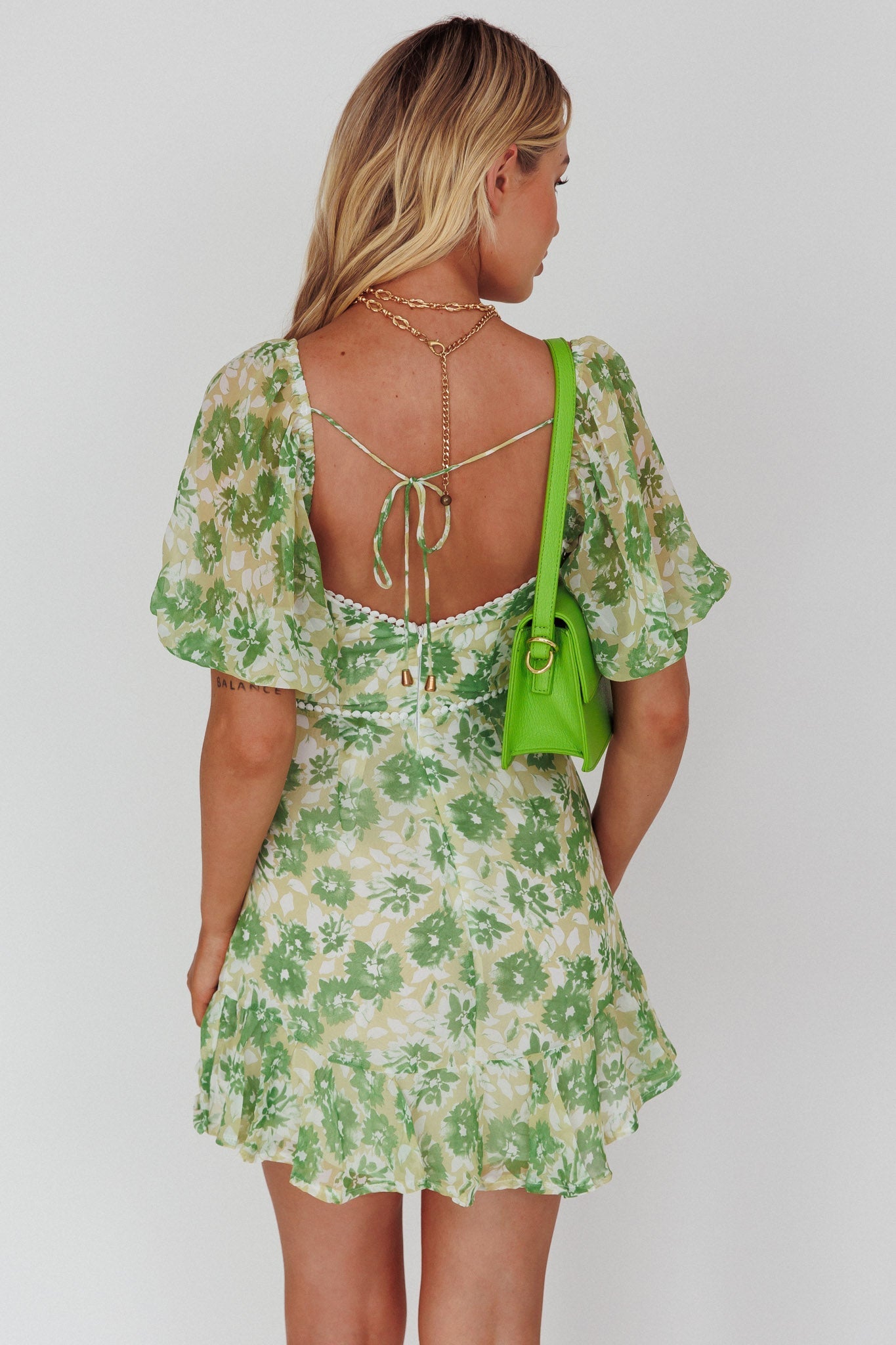 Catch Feelings Sweetheart Neckline Dot Trim Dress Floral Green