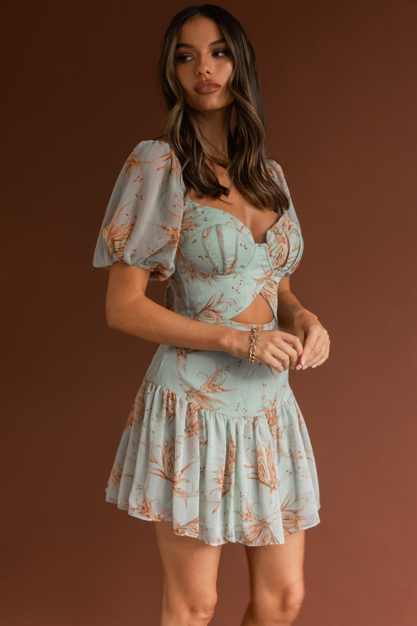 Devoted Structured Bust Puff Sleeve Dress Lily Print Pistachio