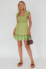 Bay Breeze Frill Shoulder Shirred Bodice Dress Olive