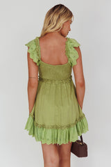 Bay Breeze Frill Shoulder Shirred Bodice Dress Olive