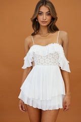 Darcy Ruffle Neckline Lace Bodice Romper White