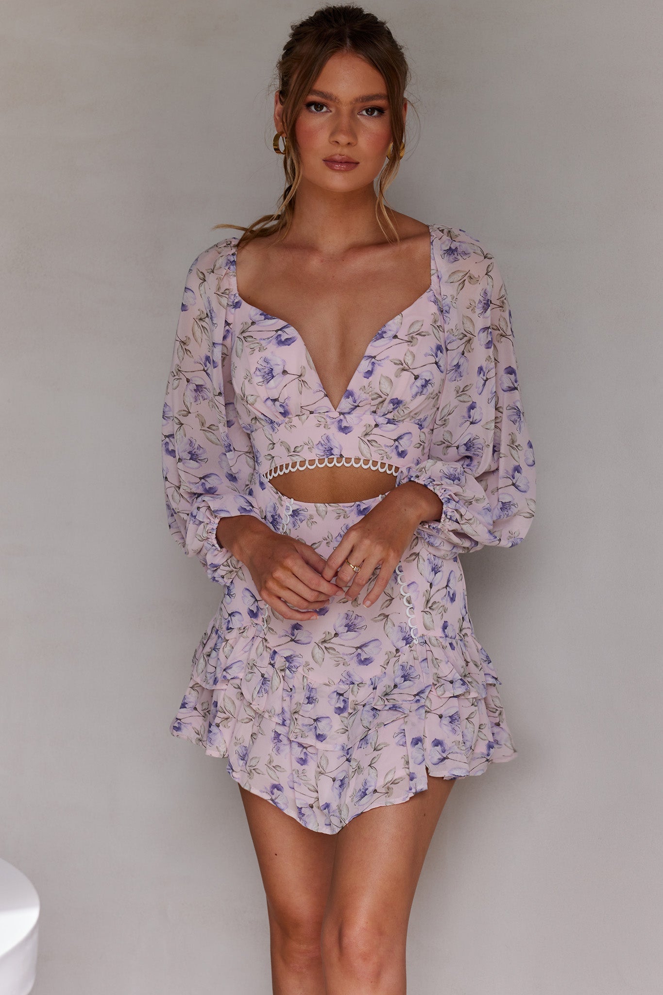 Dearly Beloved Balloon Sleeve Layered Frill Hem Dress Flower Print Blush