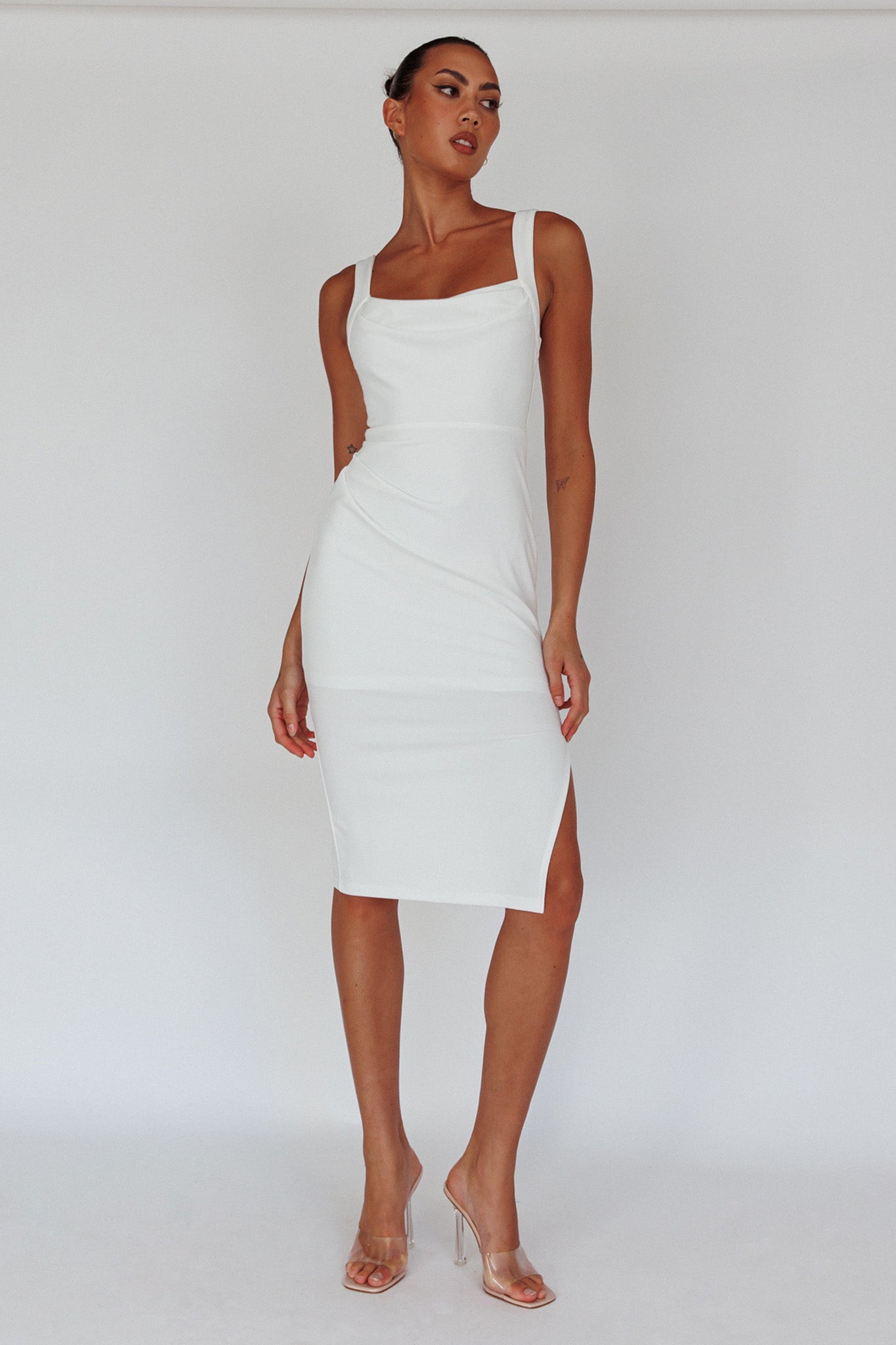 Bella Vista Cowl Neckline Thick Strap Knee Length Dress White