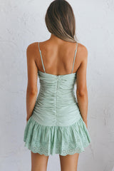 Delphine Ruched Bodice Dropped Waist Wide Hem Dress Sage