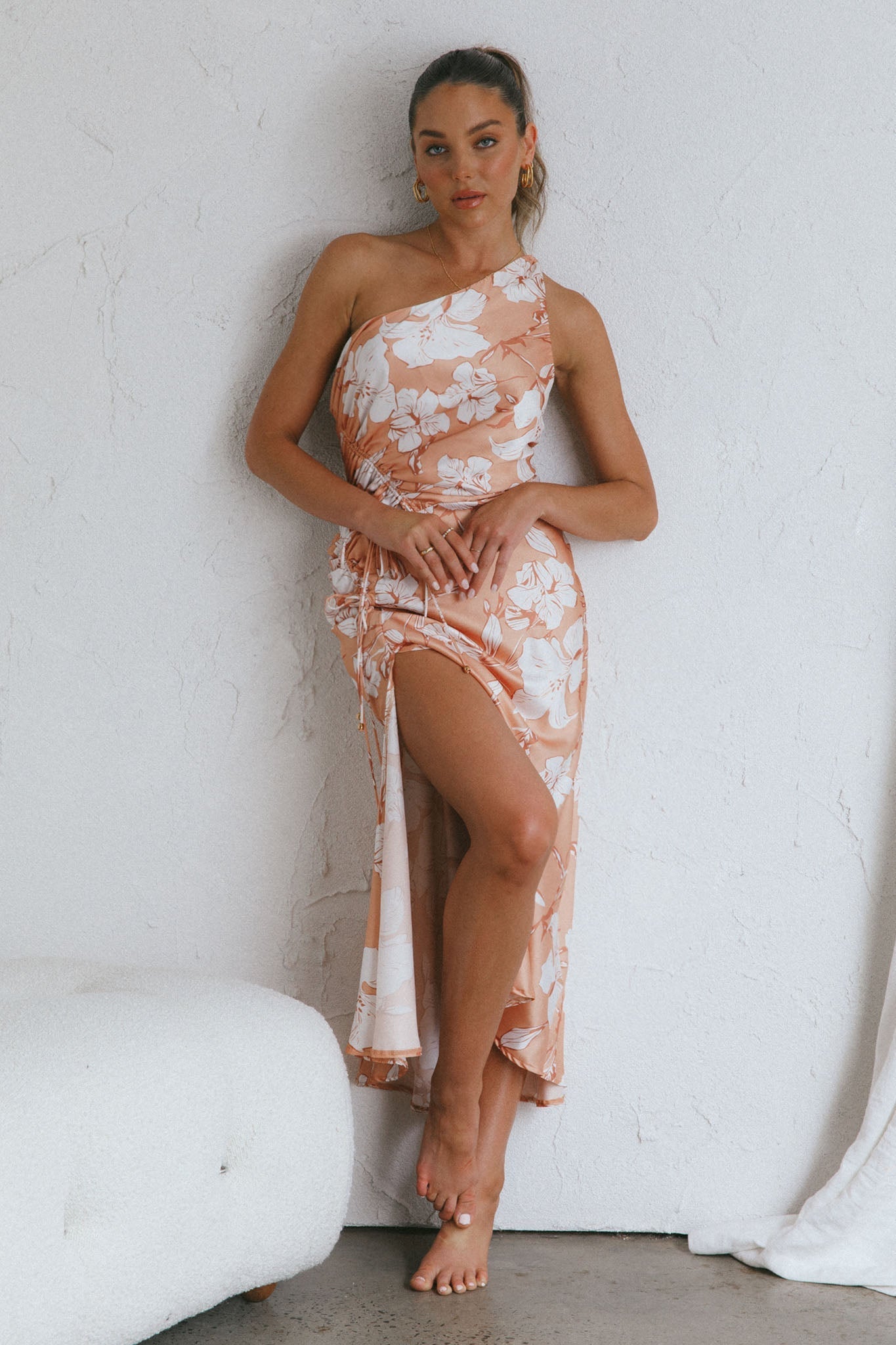 Casa Del Mar One-Shoulder Ruched Midi Dress Floral Blush