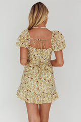 Connie Puff Sleeve Mini Dress Floral Olive
