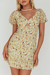 Connie Puff Sleeve Mini Dress Floral Olive