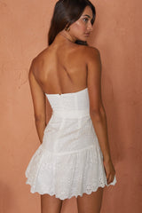 Celeene Sweetheart Neckline Flounce Hem Eyelet Mini Dress White