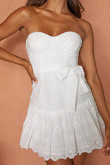 Celeene Sweetheart Neckline Flounce Hem Eyelet Mini Dress White