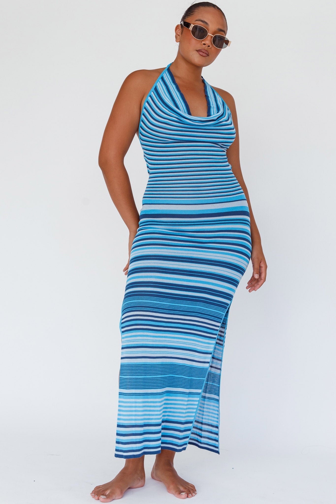 Azure Shores Knit Midi Dress Striped Blue