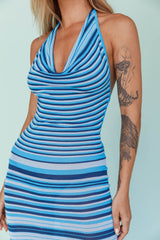 Azure Shores Knit Midi Dress Striped Blue