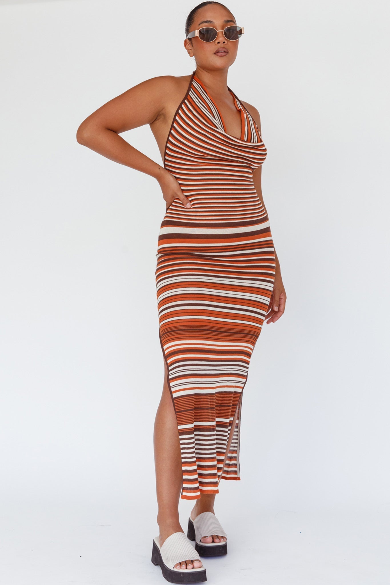 Azure Shores Knit Midi Dress Striped Tan
