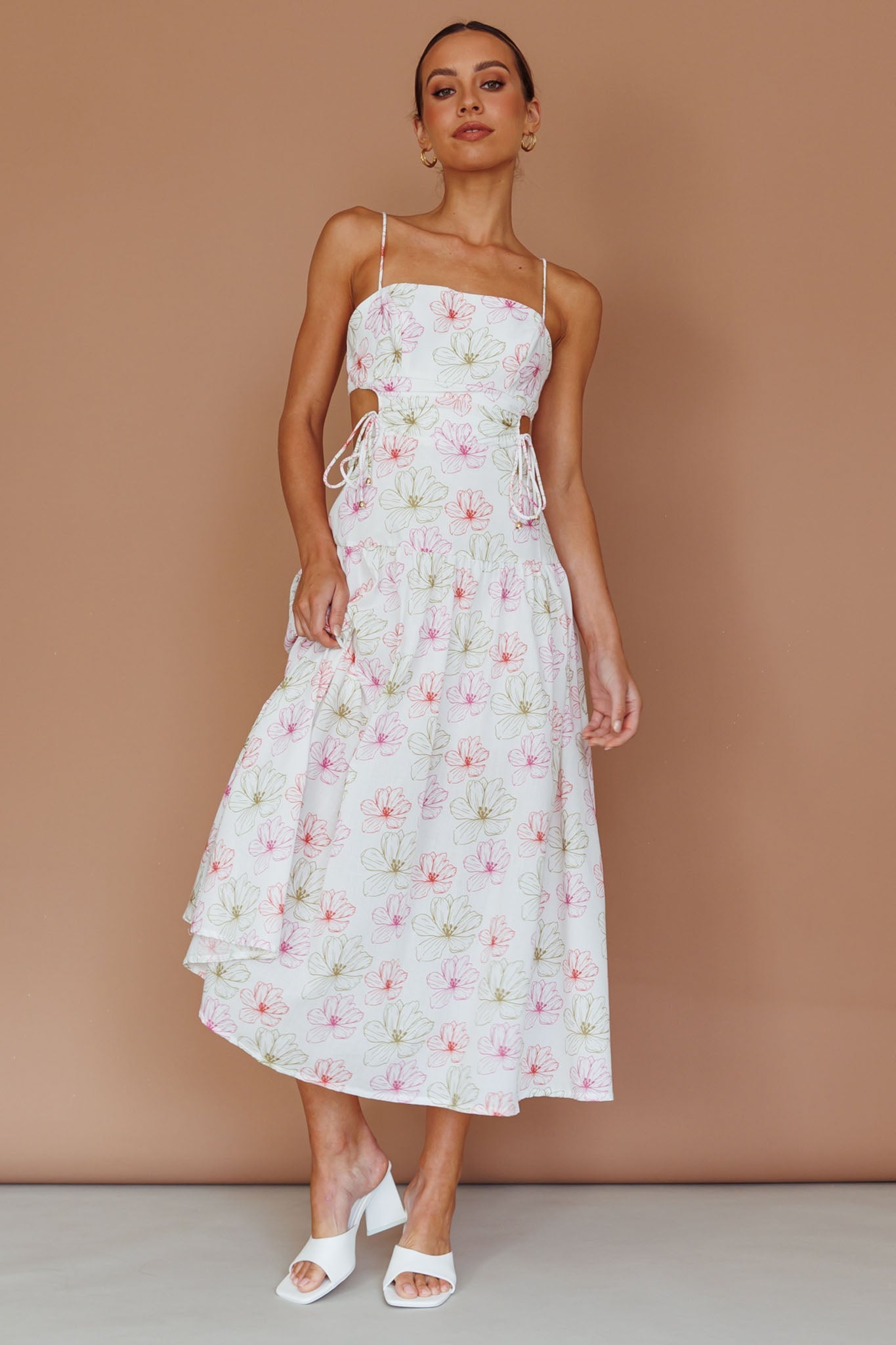 Aloha Cut-Out Waist Midi Dress Floral Pink