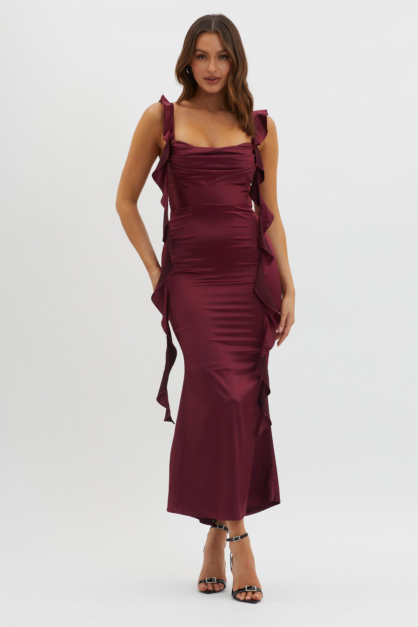 Blushing Ruffle Trim Midi Dress Wine