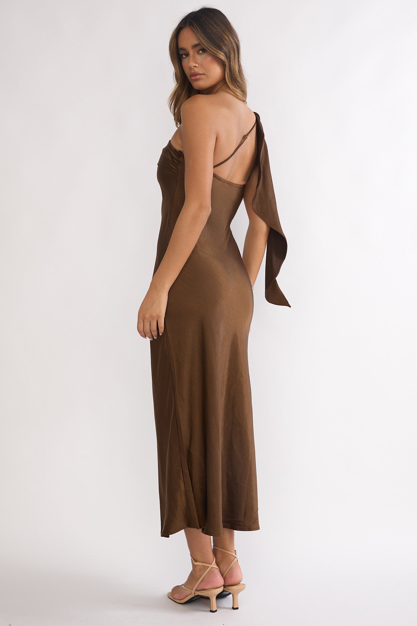 Carmel One-Shoulder Sash Maxi Dress Chocolate