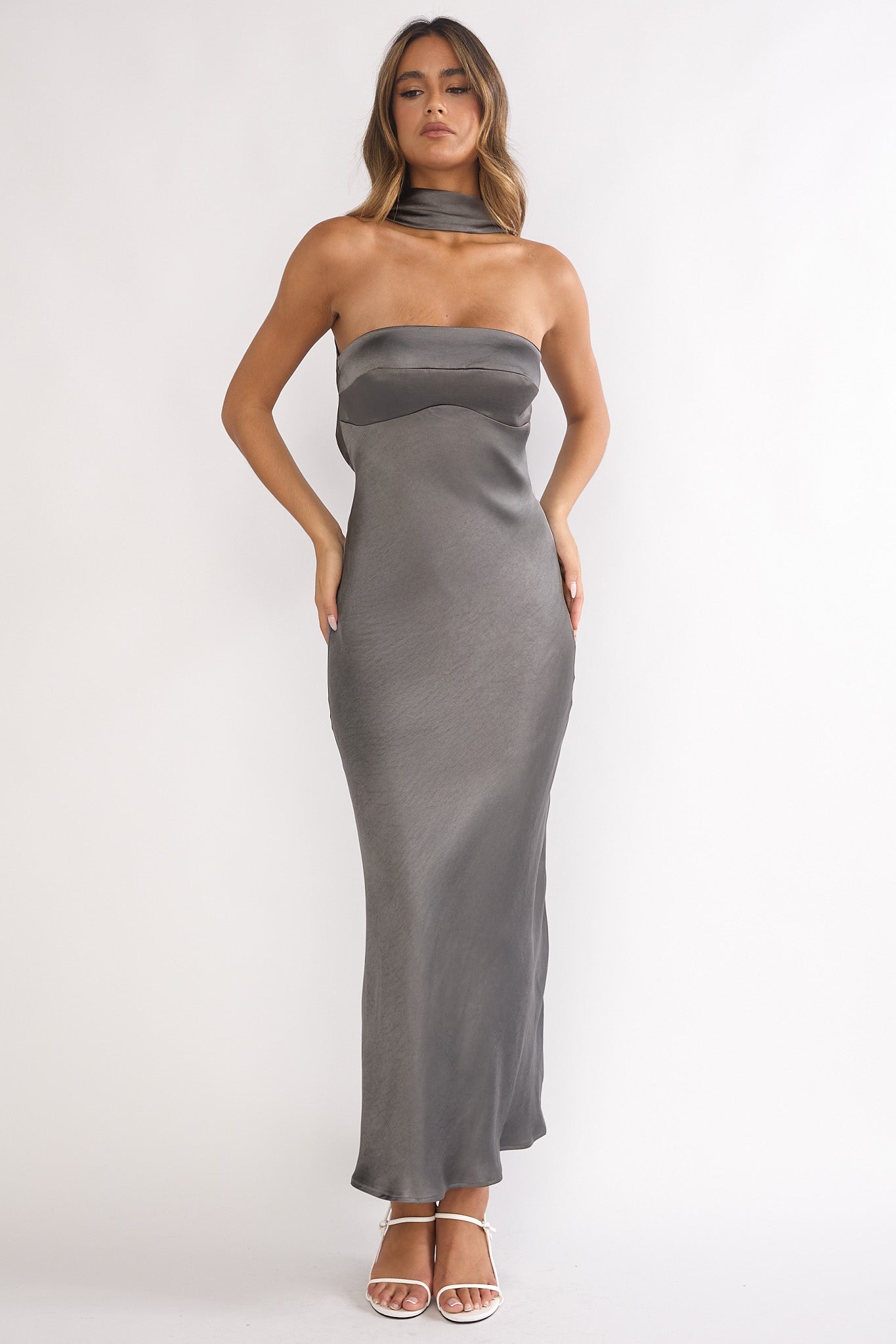 Damsel Reverse Halter Maxi Dress Satin Charcoal
