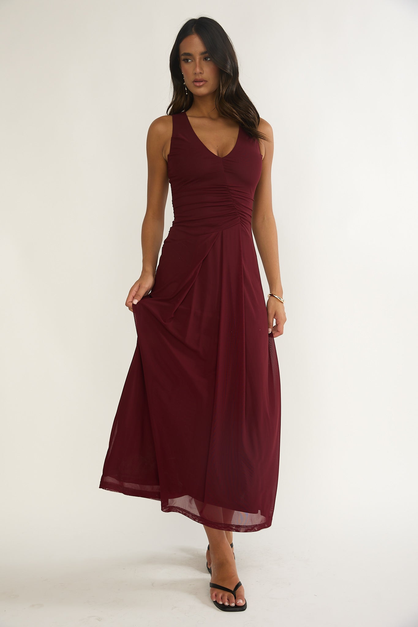 Cambrea Ruched Bodice Midi Dress Burgundy