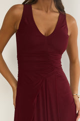 Cambrea Ruched Bodice Midi Dress Burgundy