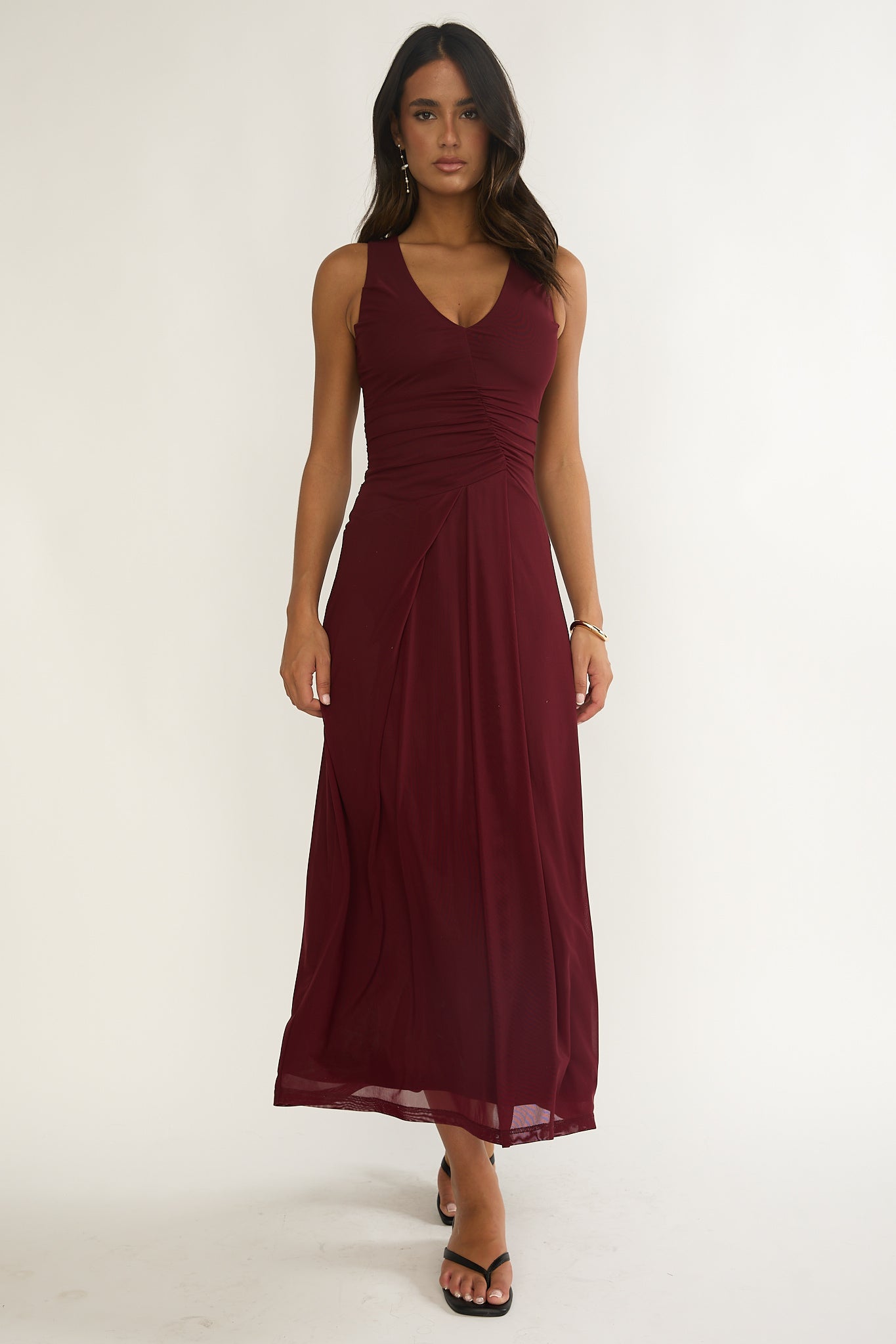 Cambrea Ruched Bodice Midi Dress Burgundy