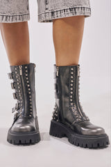 AKIRA GOLD ESTERA CHARCOAL EMBELLISHED COMBAT BOOTIE