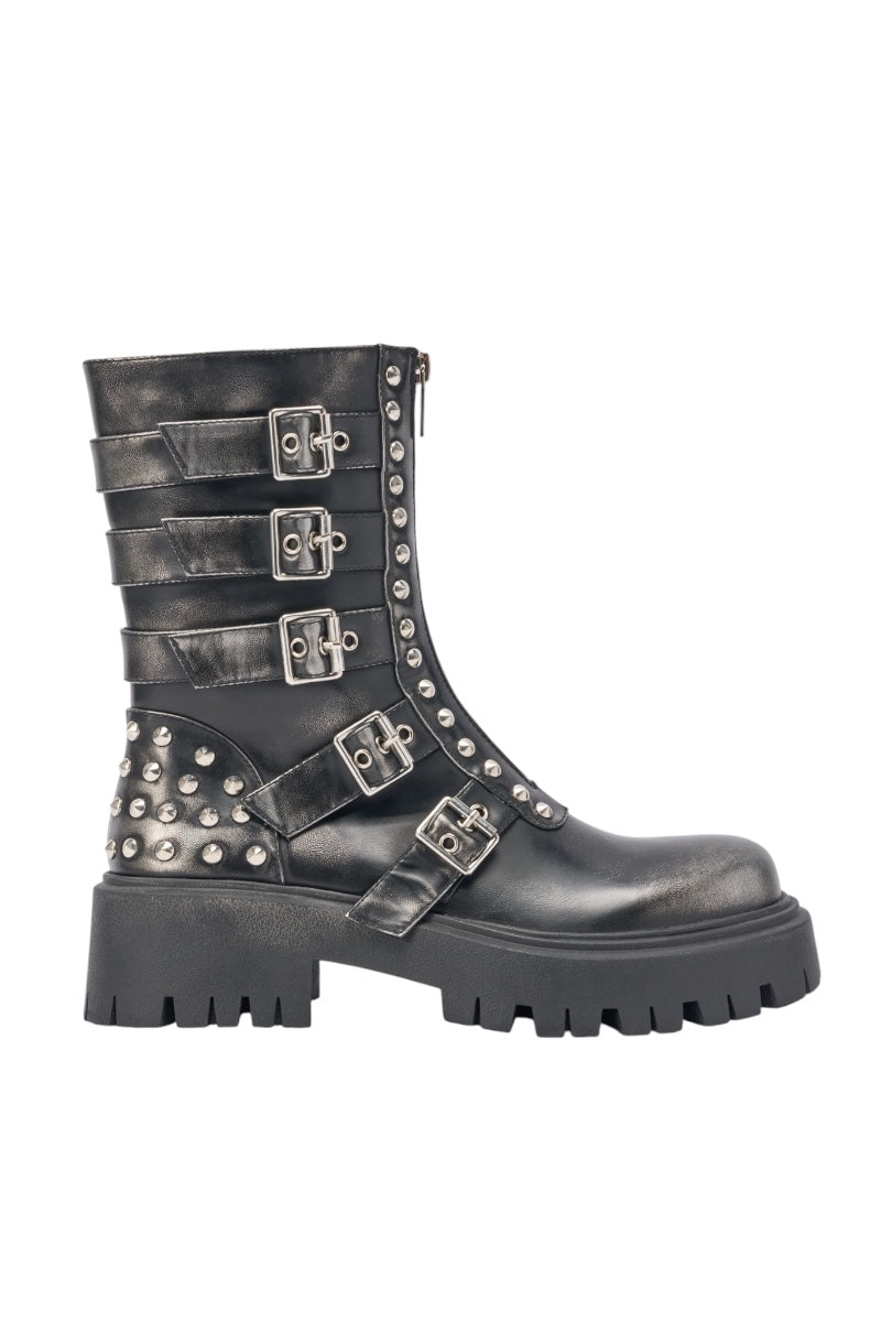 AKIRA GOLD ESTERA CHARCOAL EMBELLISHED COMBAT BOOTIE