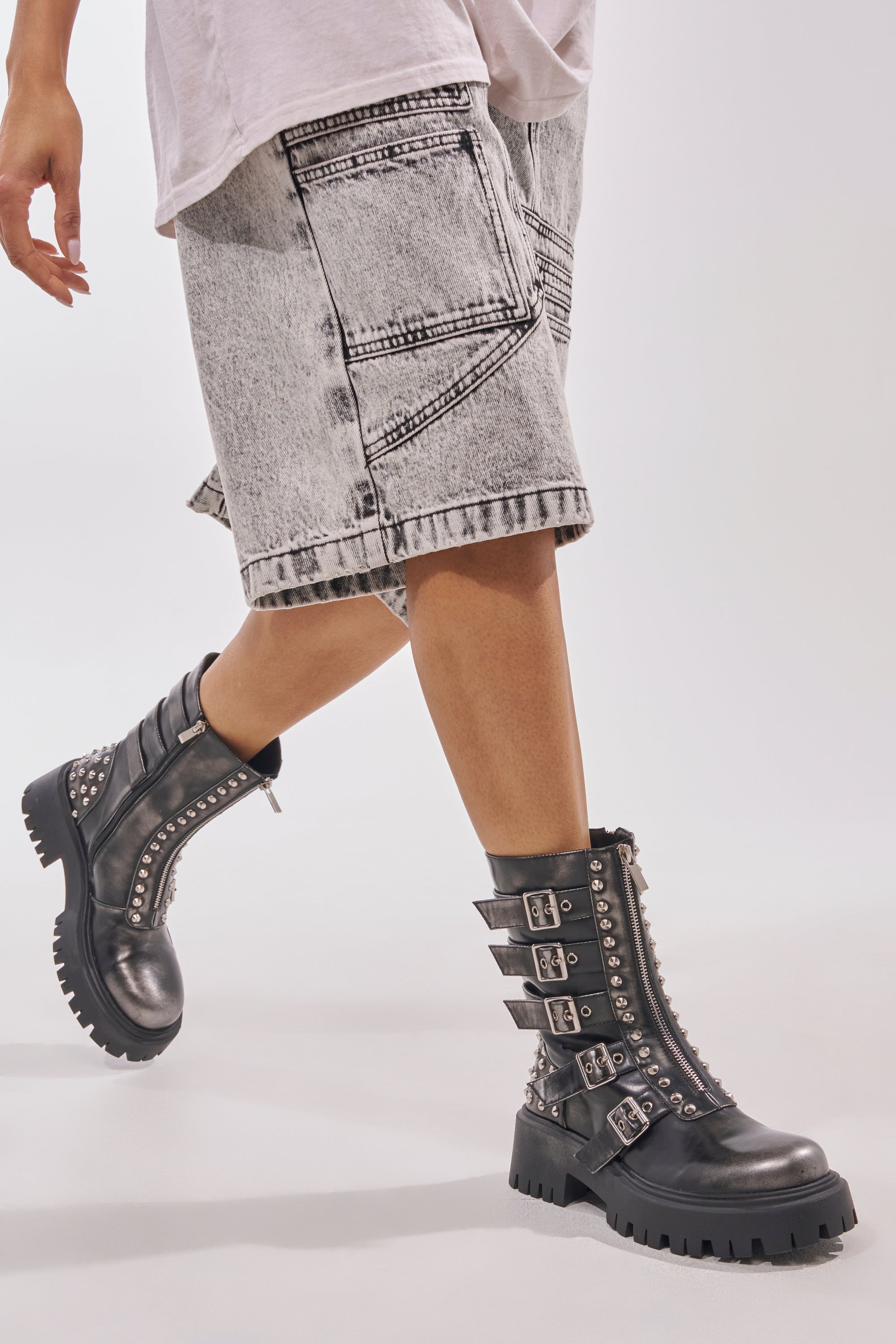 AKIRA GOLD ESTERA CHARCOAL EMBELLISHED COMBAT BOOTIE