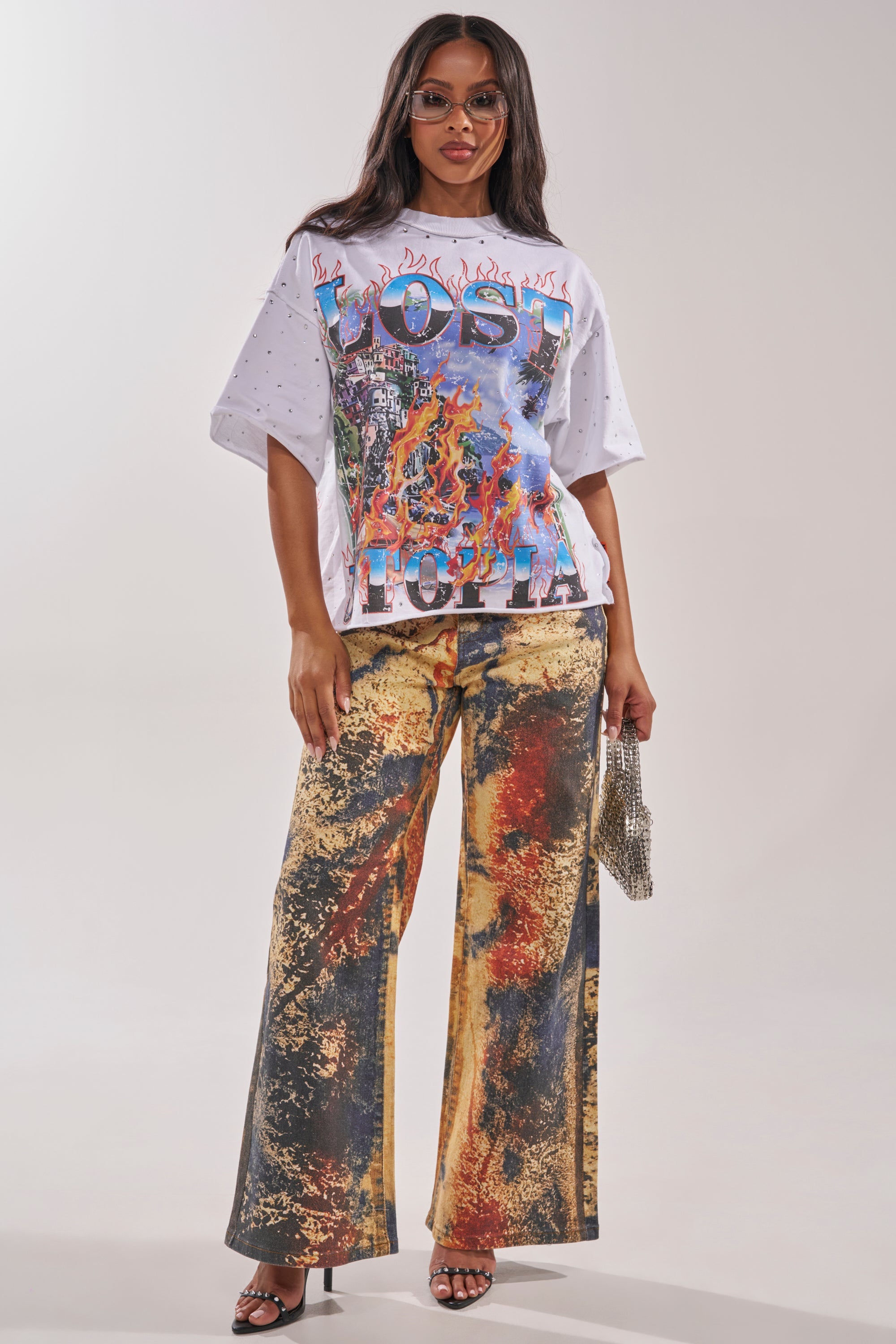 FIRST ROW LOST UTOPIA RHINESTONE FRENCH TERRY TEE