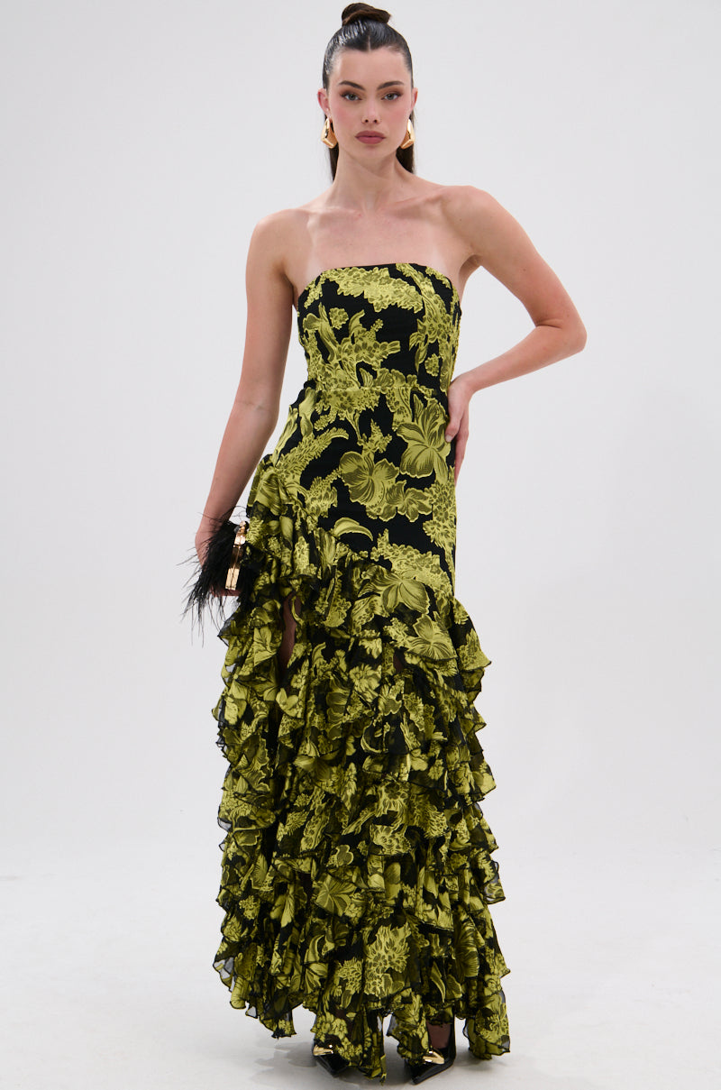 STOLE THE SHOW SATIN RUFFLE MAXI DRESS