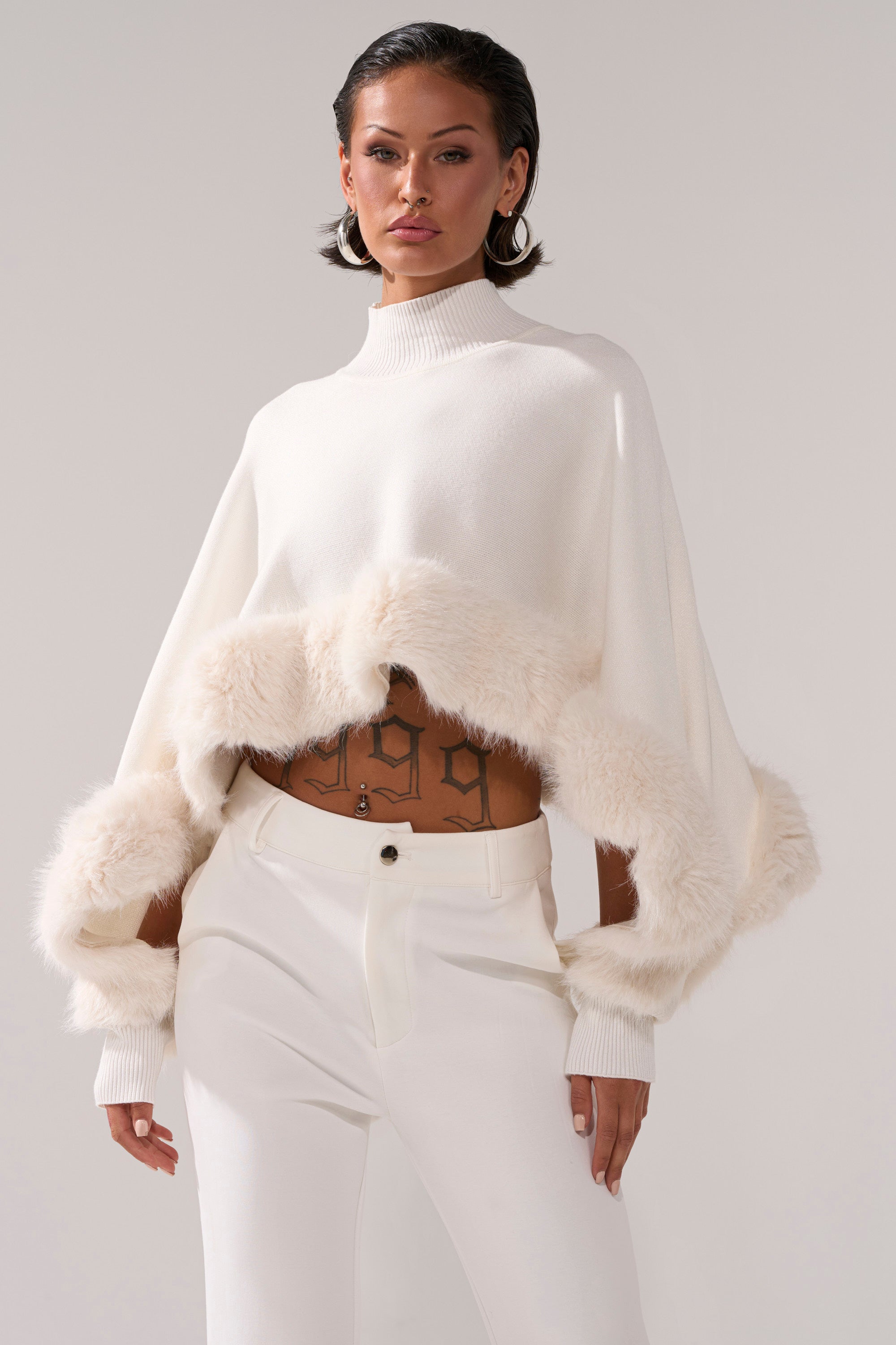 QUIET LUX FUR TRIM SWEATER IN WHITE