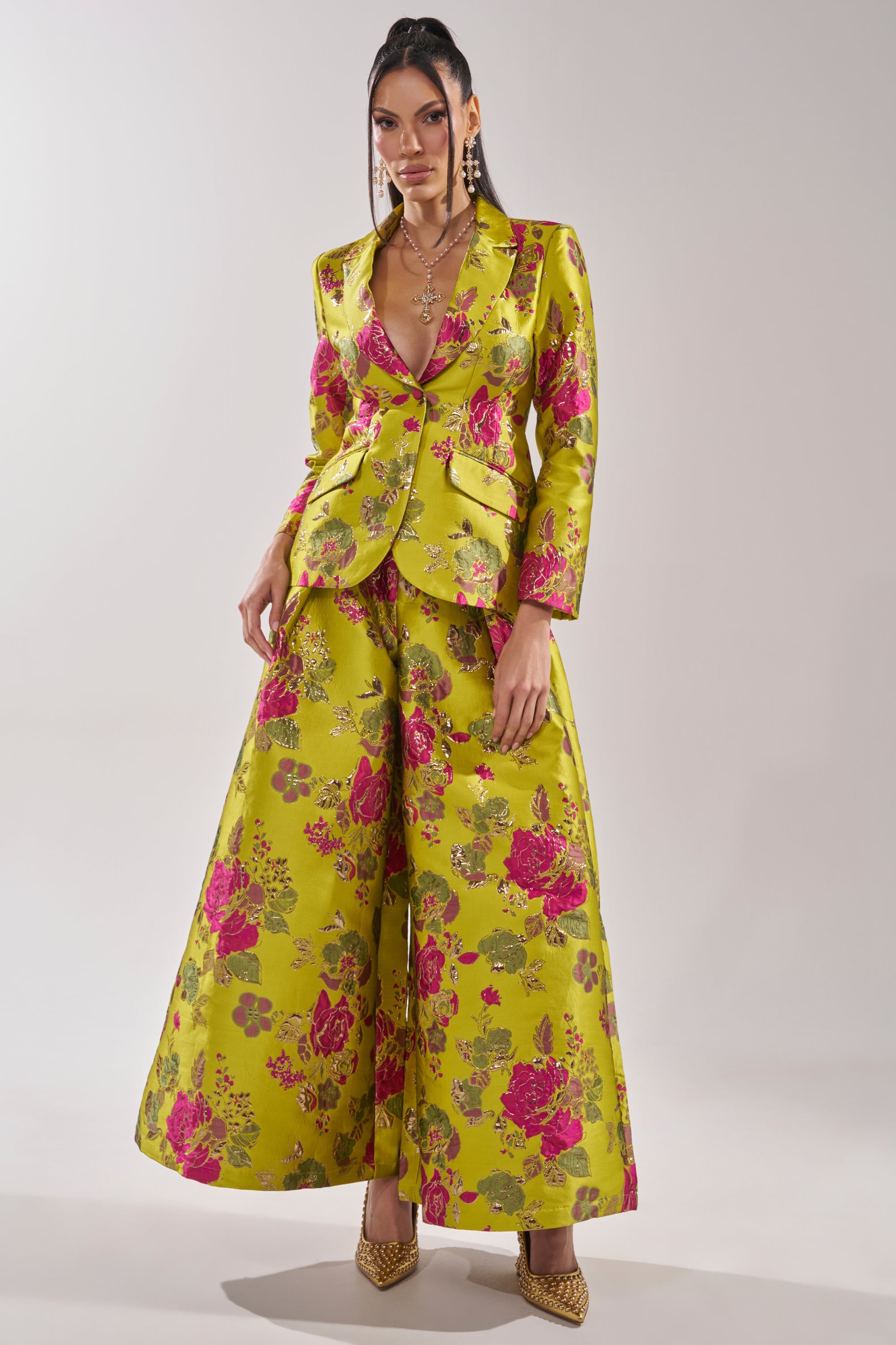 BUY MYSELF FLOWERS BROCADE BLAZER IN LIME